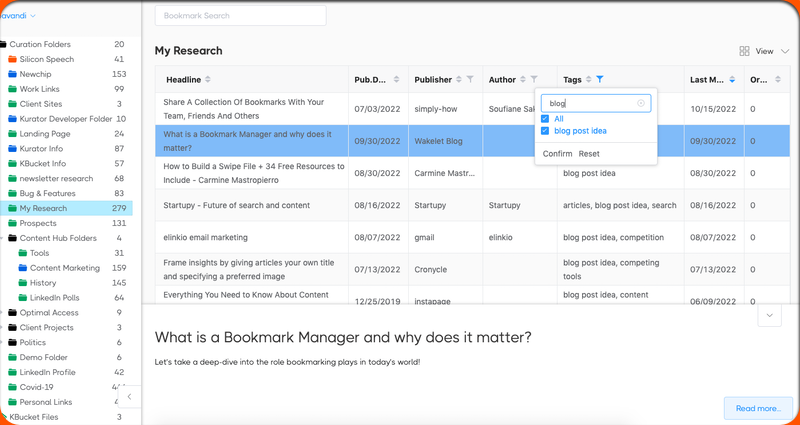 Bookmark search filter